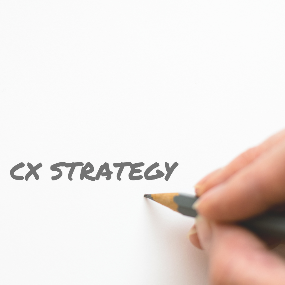 Hand with grey pencil and the words "CX Strategy"