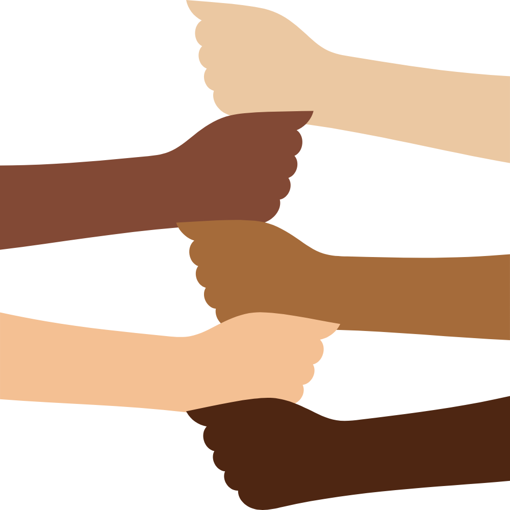Stacked hands of various skin tones, representing solidarity and unity.