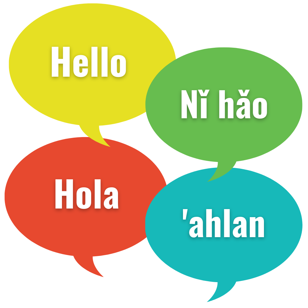 Multi-colored speech bubbles with Hello written in several languages