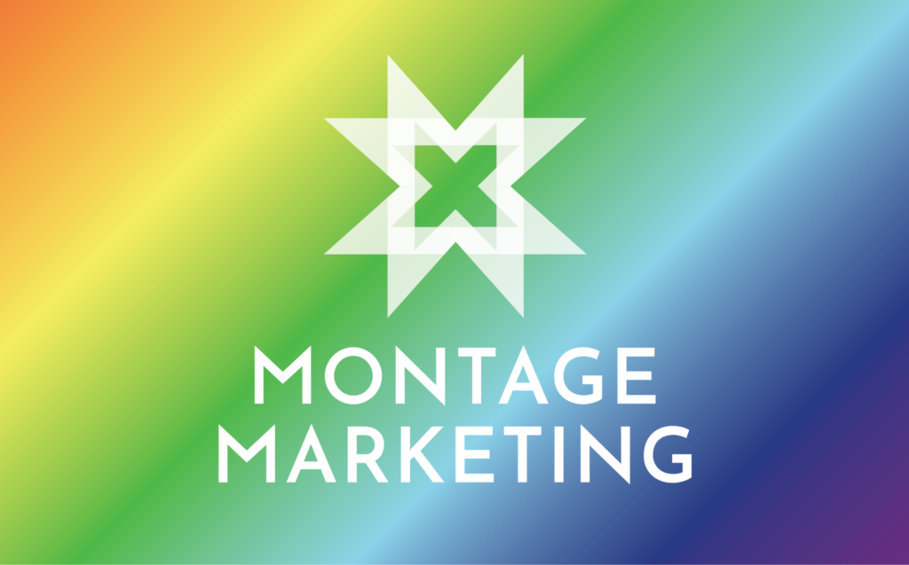 Montage Marketing logo over Pride flag rainbow colors