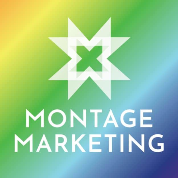 Montage logo with rainbow Pride background